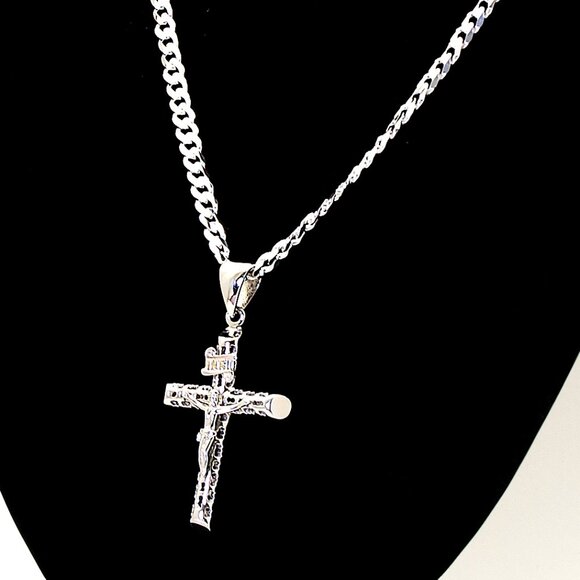 925 Sterling Silver Curb Chain w Crucifix Pendant, 20", 4.5 mm | Christian Cross - Picture 2 of 7